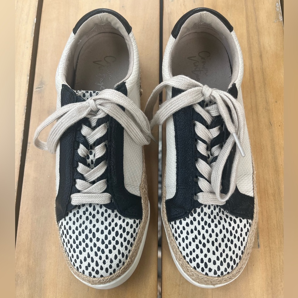 Crown Vintage Tan and Black Lace Up Sneakers with Speckled Dot Toe Detail